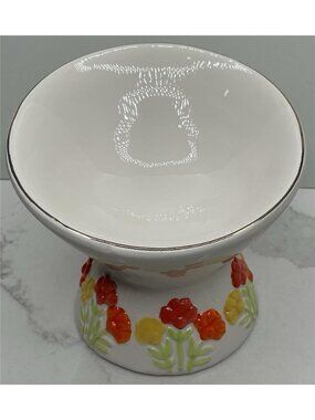 Mellow & Mod Pet Bowl Dish Elevated and Tilted Small Ceramic White Floral New